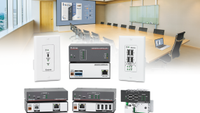 Extron&rsquo;s new USB Extender xi Series superimposed in front of a conference room. 