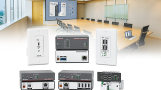Extron’s new USB Extender xi Series superimposed in front of a conference room.