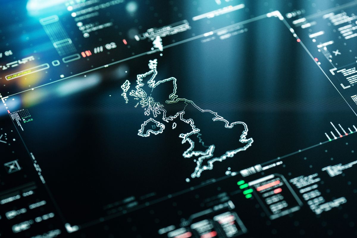 UK tech map with Great Britain and Northern Ireland pictured on a screen