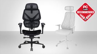 A composite image, showing a ThunderX3 Flex Pro and Ikea Matchspel office chair, against a grey gradient background, with a PC Gamer Recommended logo in the top right corner.