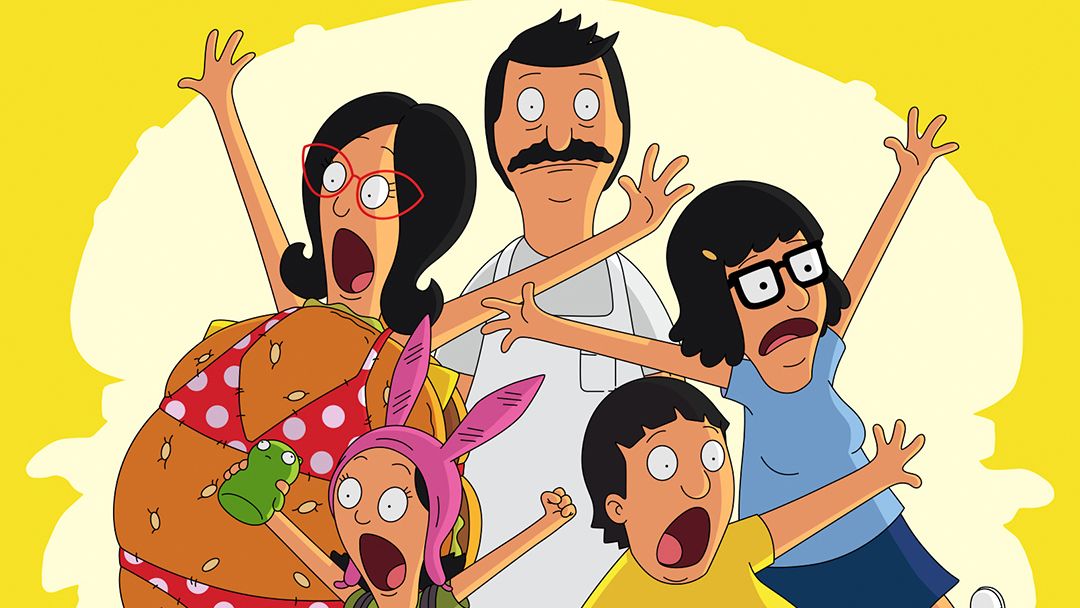 Linda Belcher (voice of John Roberts), Louise Belcher (voice of Kristen Schaal), Bob Belcher (voice of H. Jon Benjamin) and Gene Belcher (voice of Eugene Mirman), Tina Belcher (voice of Dan Mintz) standing with all their mouths (except for Bob&#039;s) in key art for The Bob&#039;s Burgers Movie