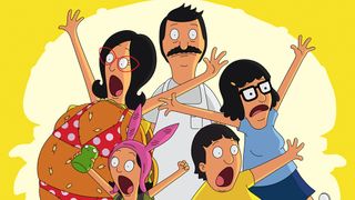 Linda Belcher (voice of John Roberts), Louise Belcher (voice of Kristen Schaal), Bob Belcher (voice of H. Jon Benjamin) and Gene Belcher (voice of Eugene Mirman), Tina Belcher (voice of Dan Mintz) standing with all their mouths (except for Bob's) in key art for The Bob's Burgers Movie