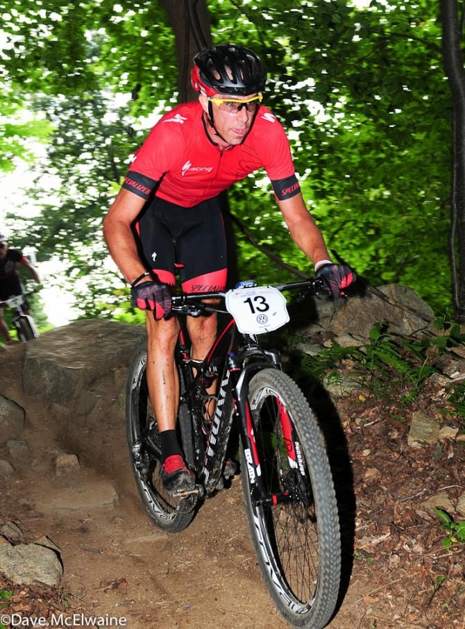 Todd Wells (Specialized) descending the Bear Creek course in the woods