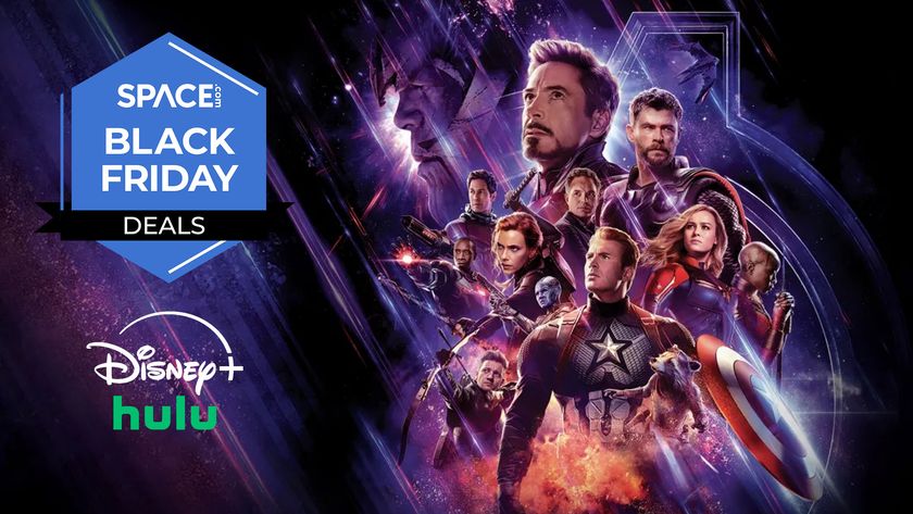 Marvel&#039;s Avengers Endgame poster art, with a Space Black Friday deals logo and a Disney Hulu logo. 