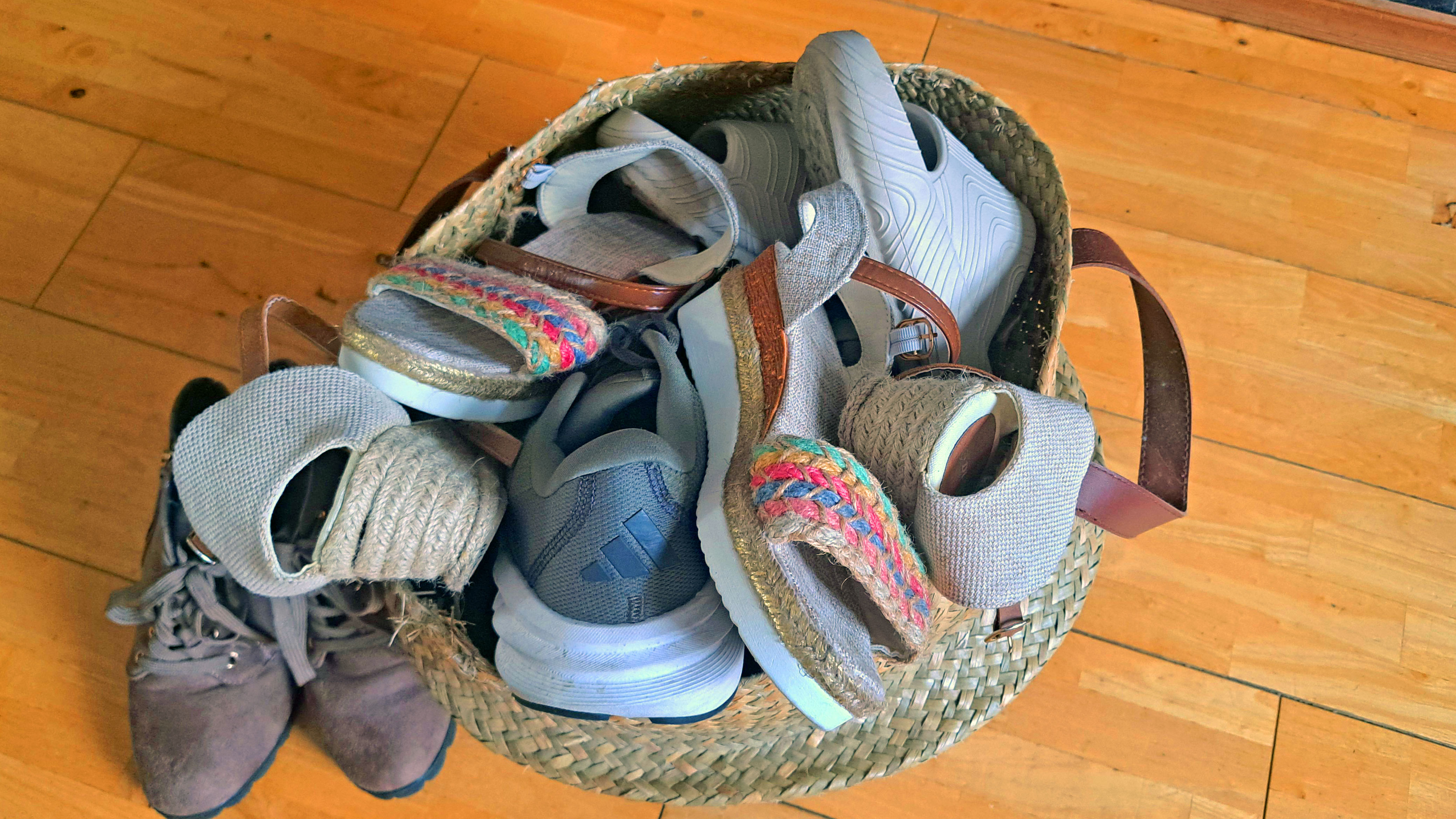 Shoes in woven basket