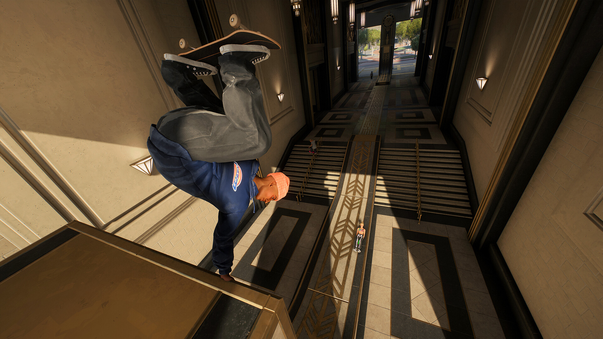 A skater pulls of a lip trick in a hotel lobby area
