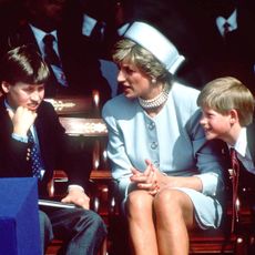 Princess Diana (1961 - 1997) with her sons Prince William and Prince Harry at the V.E Day commemorations in Hyde Park, London, May 1995. (Photo by Rota/Pool/Getty Images)