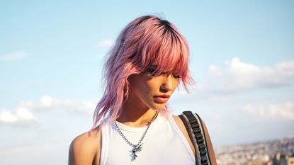 girl with a wolf cut and pink hair