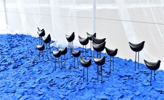 structure of black birds standing on floor covered in blue substance