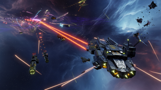 Spaceships engage in a laser battle in Sins of a Solar Empire 2