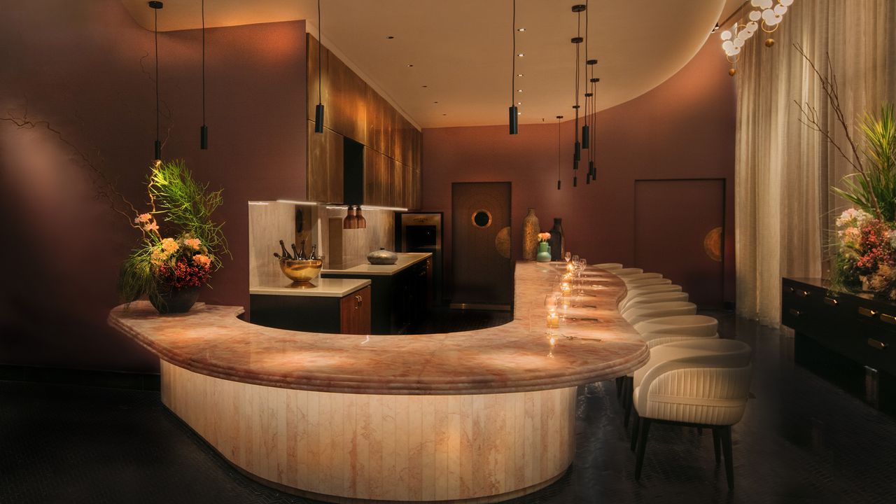 Araya boasts a pink marble counter and white leather seats