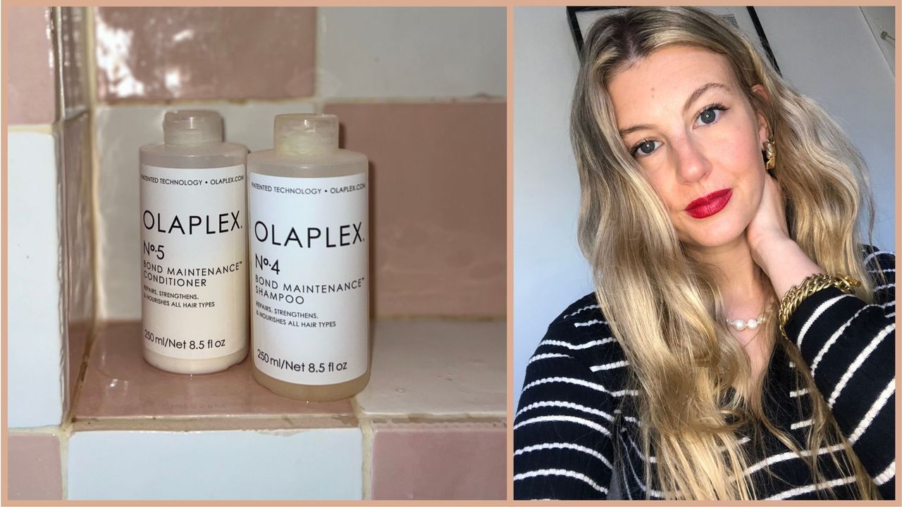 Olaplex Shampoo and Conditioner shot on Katie&#039;s shower shelf and a picture of Katie with freshly dyed hair