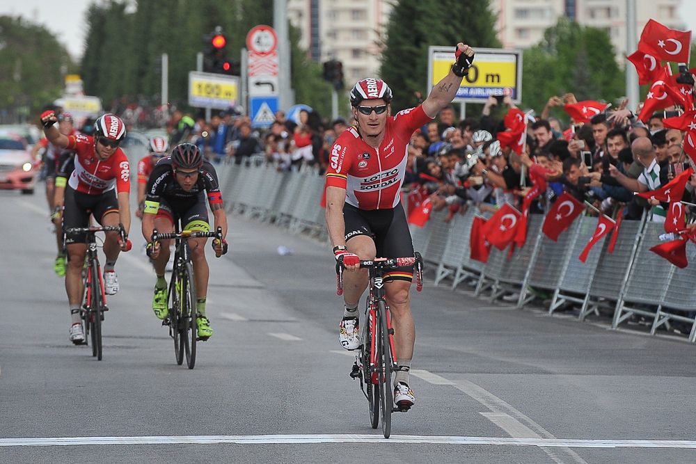Andre Greipel of Lotto Soudal reacts after winning Stage 3 of the 2016 Tour of Turkey