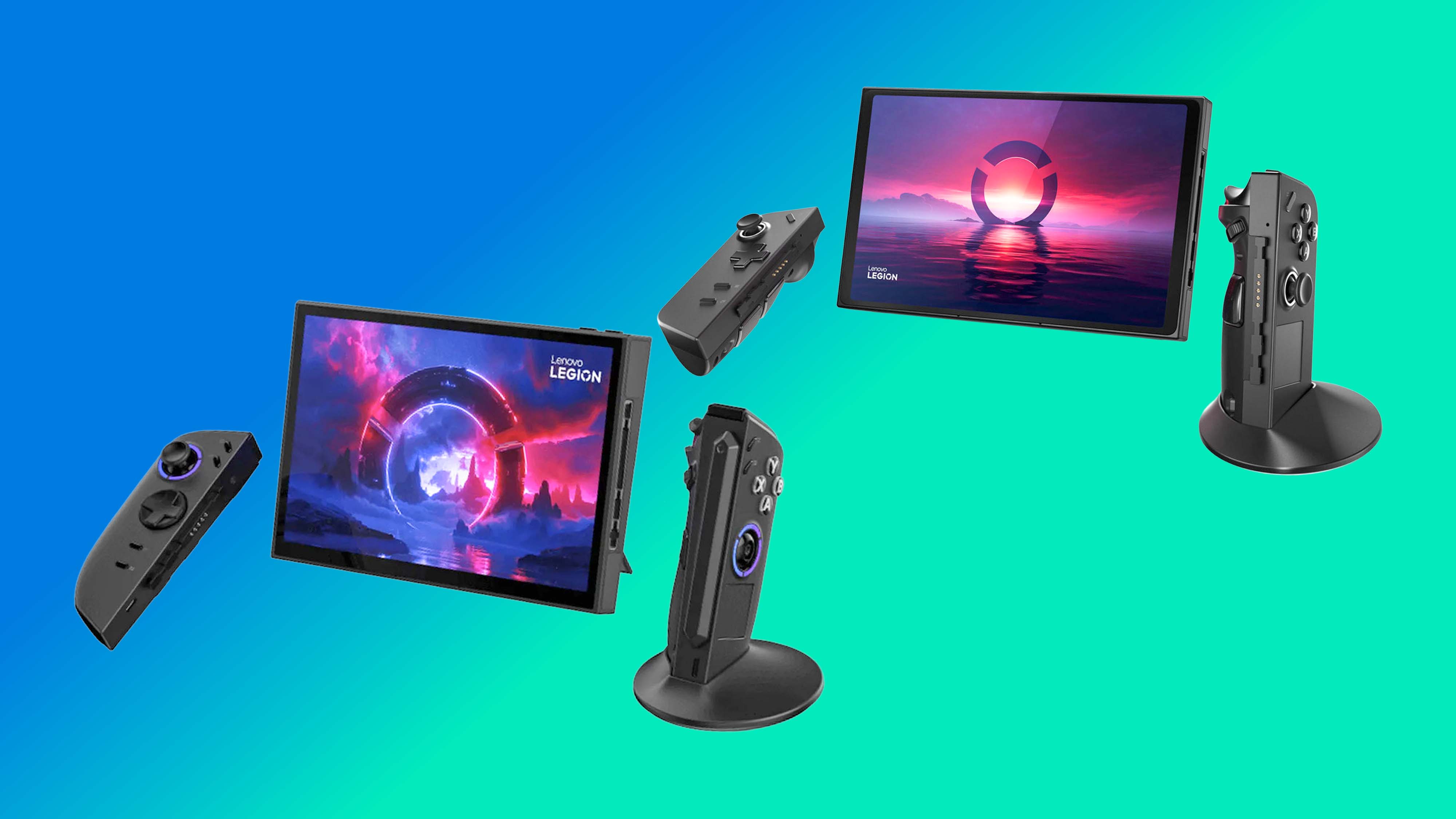The Lenovo Legion Go 2 and original Legion Go with kickstands out and controller detached while hovering on a blue and green background.
