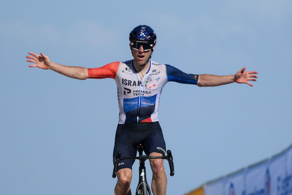 PUY DE DME FRANCE JULY 09 Michael Woods of Canada and Team IsraelPremier Tech celebrates at finish line as stage winner during the stage nine of the 110th Tour de France 2023 a 1824km stage from SaintLonarddeNoblat to Puy de Dme 1412m UCIWT on July 09 2023 in Puy de Dme France Photo by David RamosGetty Images