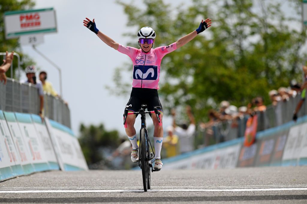 ALASSIO ITALY JULY 06 Annemiek Van Vleuten of The Netherlands and Movistar Team Pink Leader Jersey celebrates at finish line as stage winner during the 34th Giro dItalia Donne 2023 Stage 7 a 1091km stage from Albenga to Alassio Santuario della Guardia 551m UCIWWT on July 06 2023 in Alassio Italy Photo by Dario BelingheriGetty Images