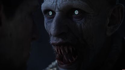 A close-up of the vampire Brencis, showing his teeth during the trailer for The Blood of Dawnwalker. 