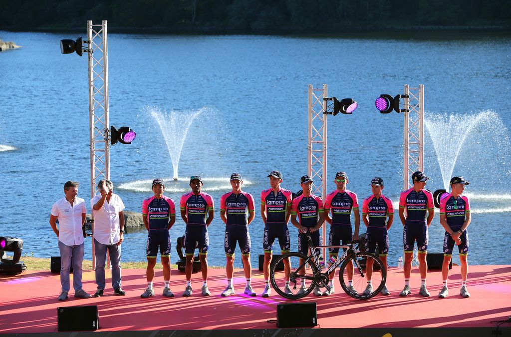 The Lampre-Merida team are presented to the crowd