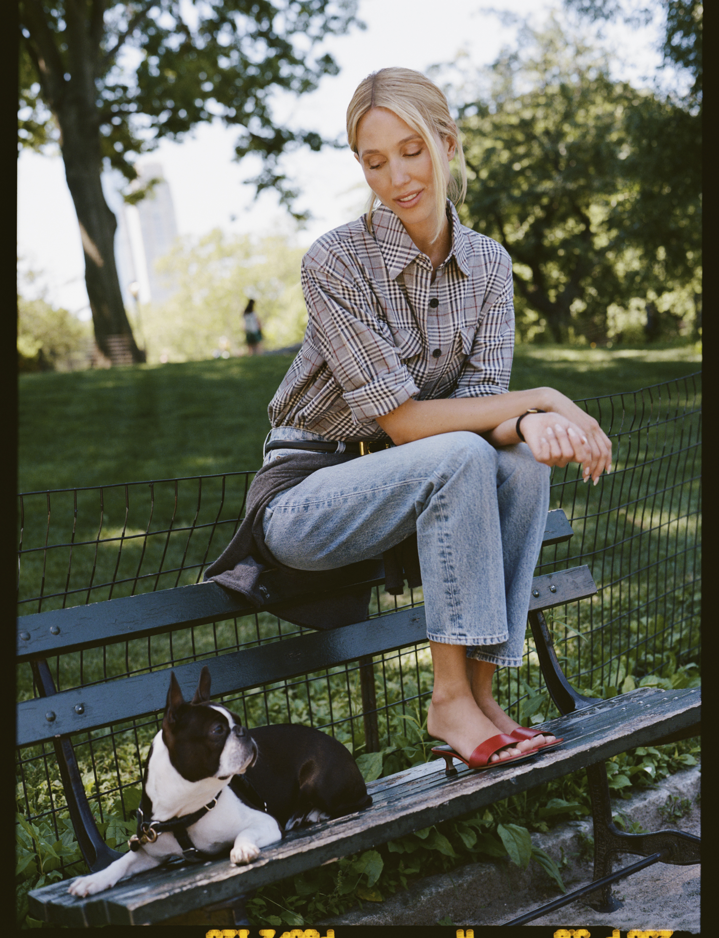 Princess Olympia of Greece styled a plaid button-down, straight-leg jeans, and red peep-toe pumps for the DL1961 and Moda Operandi collaboration