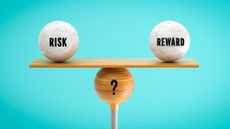 Discs labeled "risk" and "reward" balance on a board.