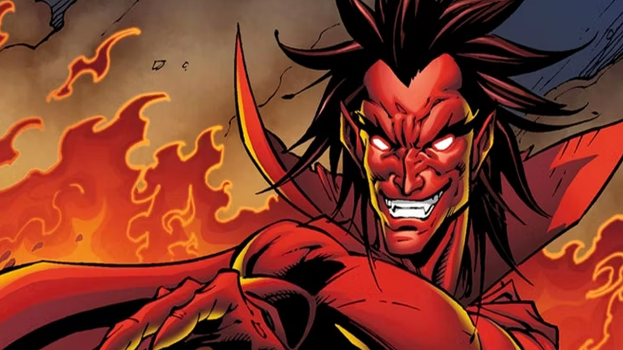 A smiling Mephisto stands in front of a raging fire in Hell in a screenshot from a Marvel comic book