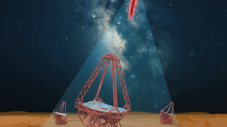 Visualization of the H.E.S.S. telescope array capturing the showers of particles produced by high-energy cosmic electrons and positrons, as well as gamma rays.