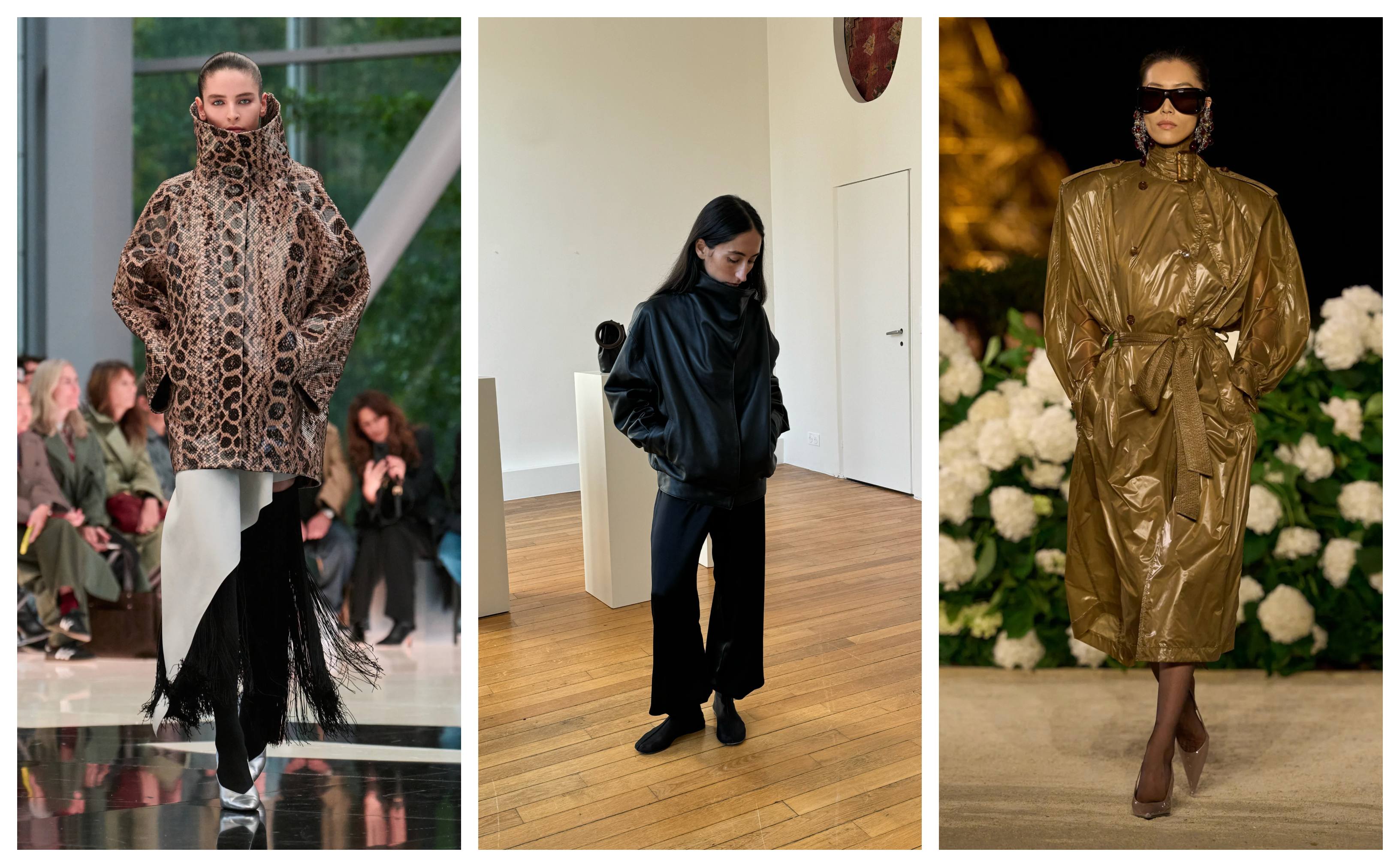 a collage of Alexis Badiyi wearing funnel neck coats with models wearing coats