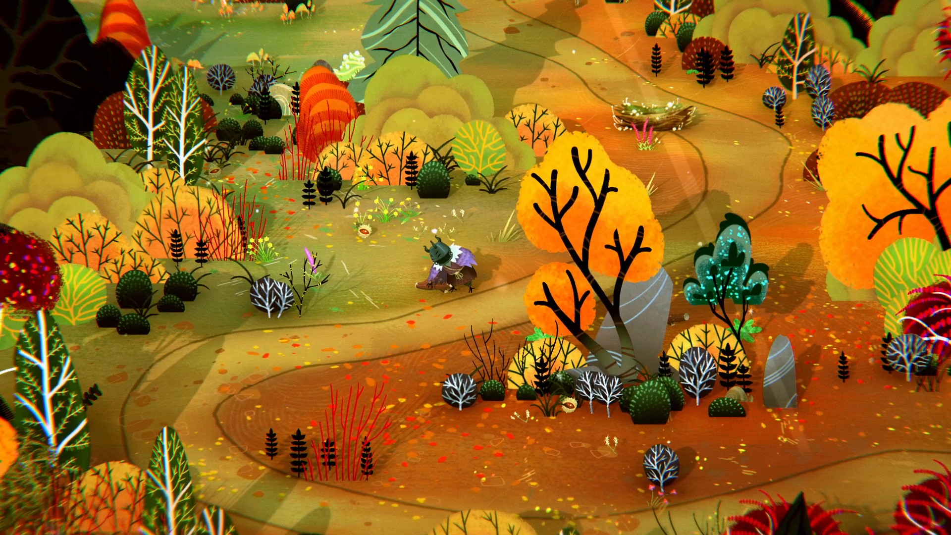 In crafting adventure Wytchwood, the old witch of the woods who wears a pot on her head gathers resources in a autumnal woodland area