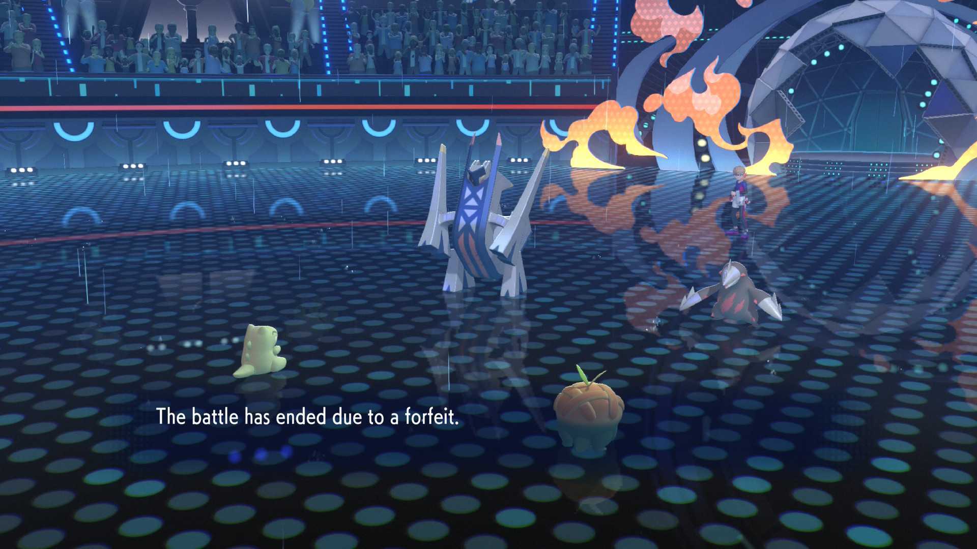 Pokemon Champions screenshot reads: "The battle has ended due to a forfeit."