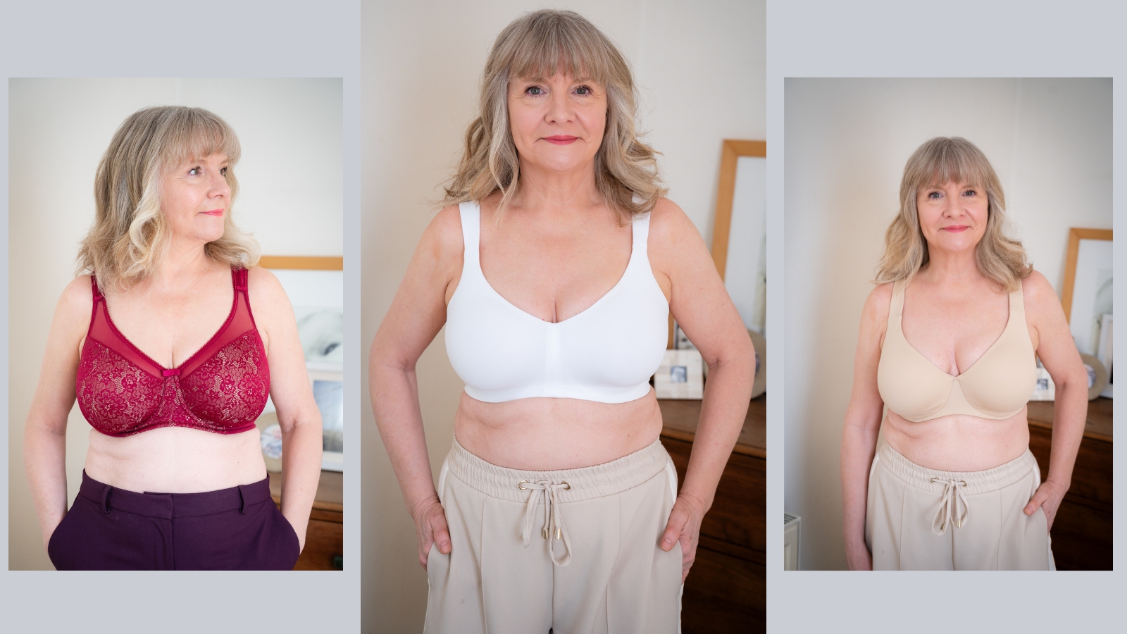 Julie Player wearing 3 minimiser bras