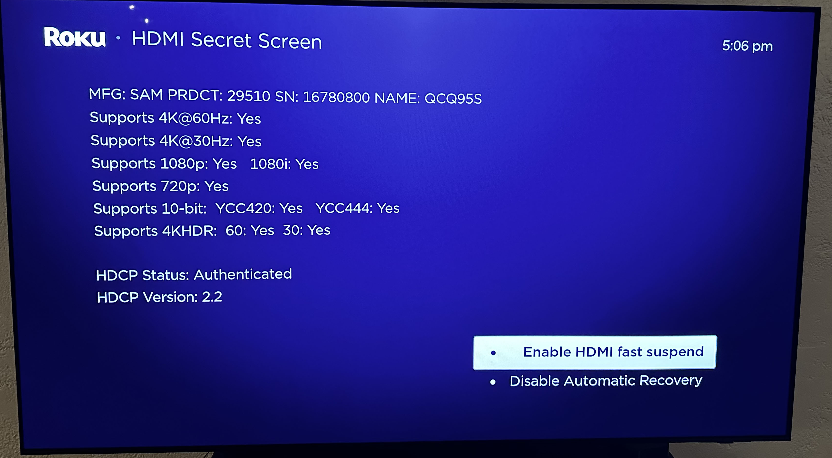 Una captura de pantalla que muestra los menús secretos de Roku.