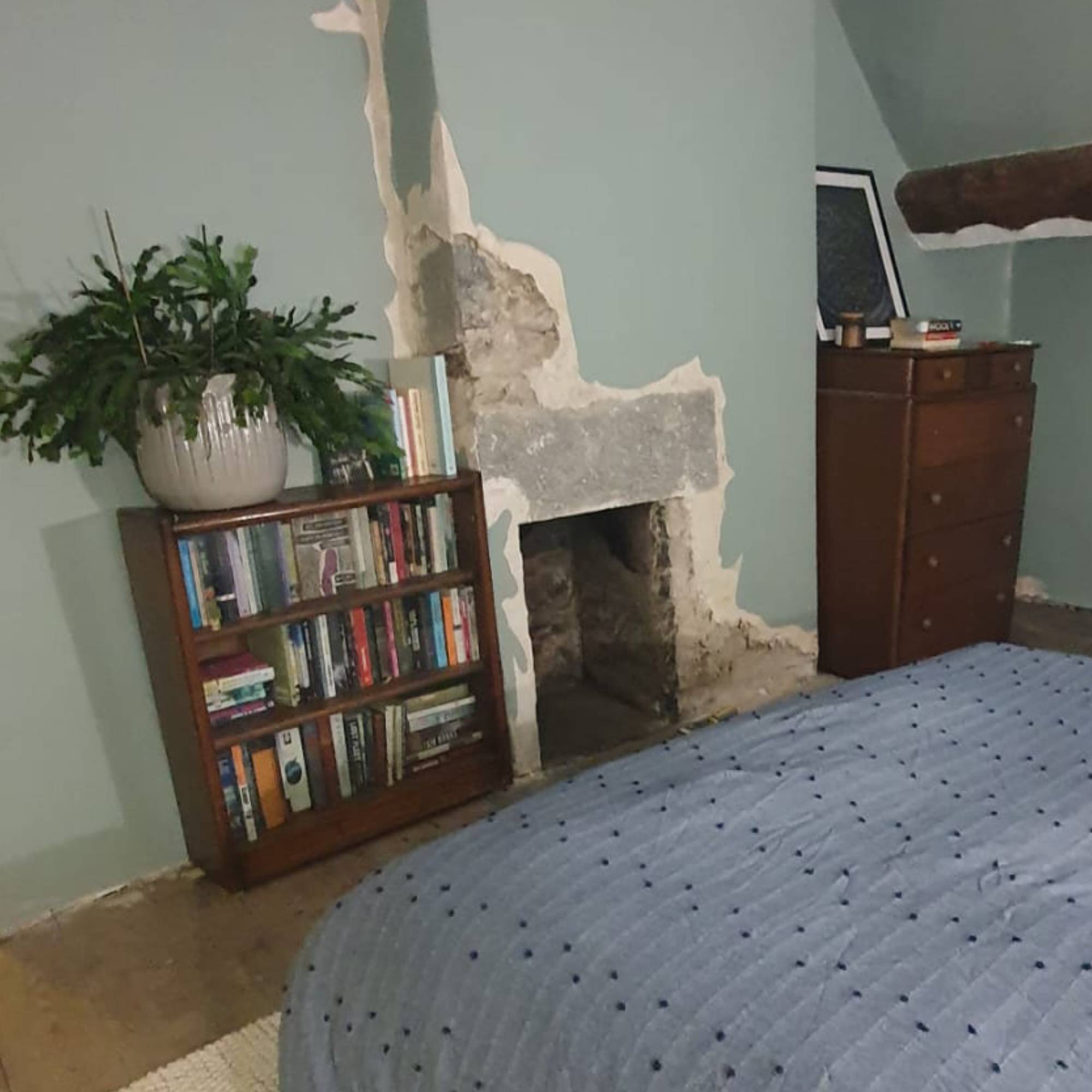 blue bedroom with fireplace and wooden bookcase