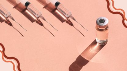 A selection of three syringes with a vial of skin boosters on a pink backdrop