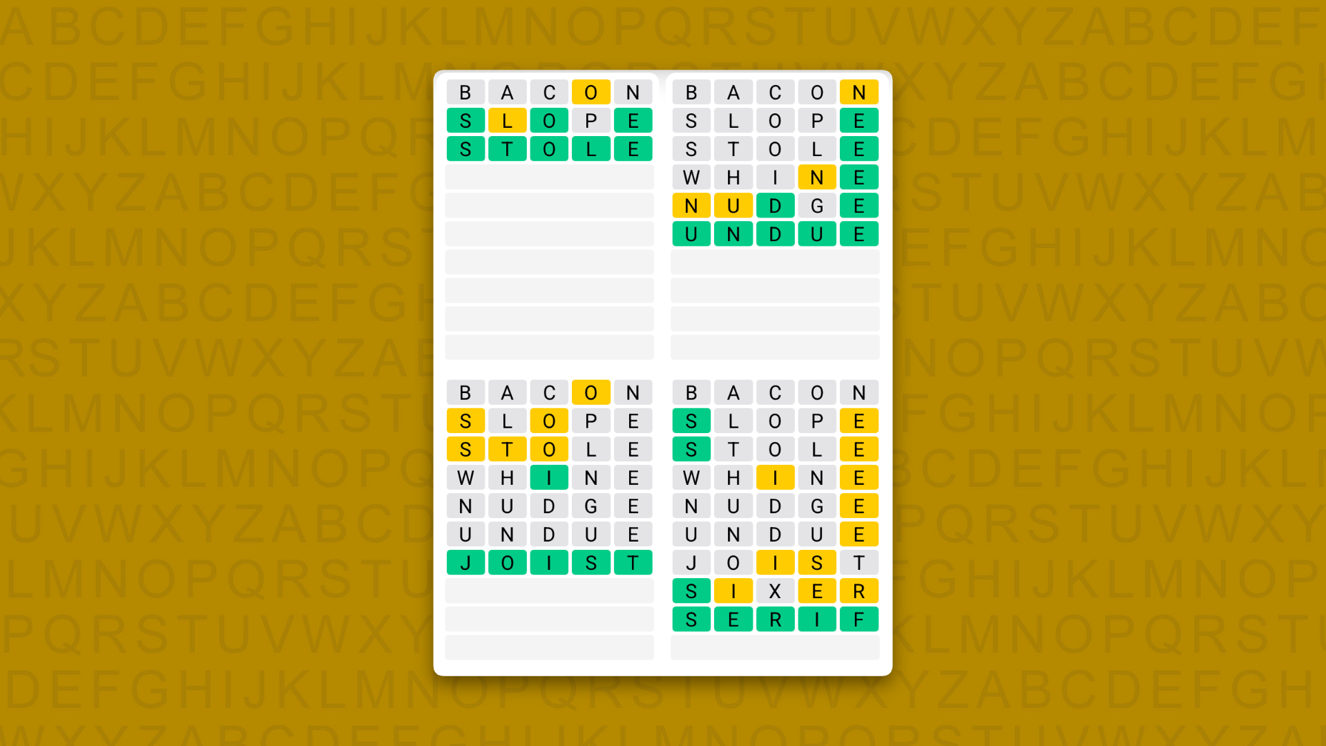 Quordle Daily Sequence answers for game 1710 on a yellow background