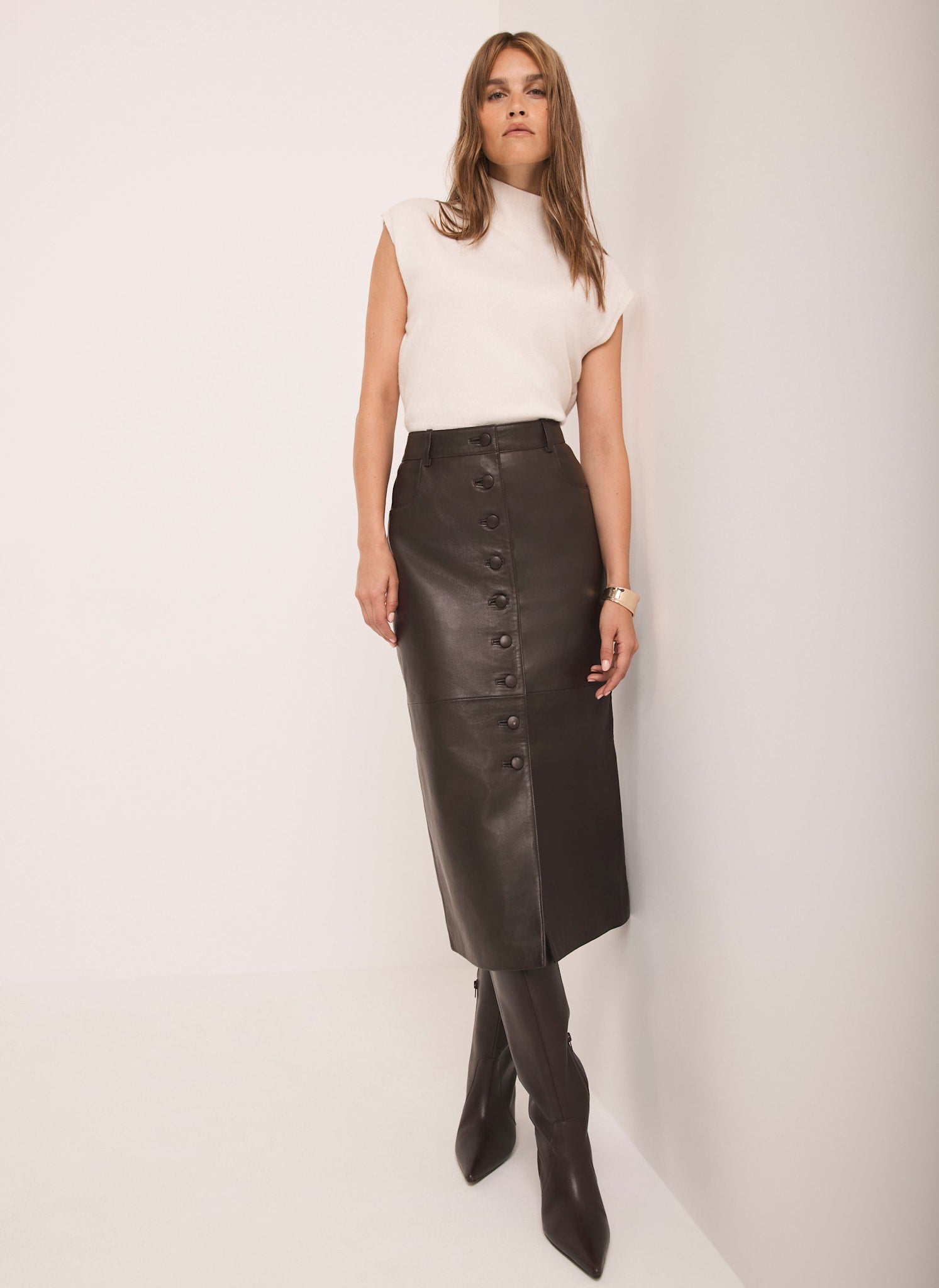 Brown Leather Midi Skirt