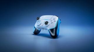 The Razer Wolverine V2 Pro controller for PS5 is a white and black gamepad on a blue background