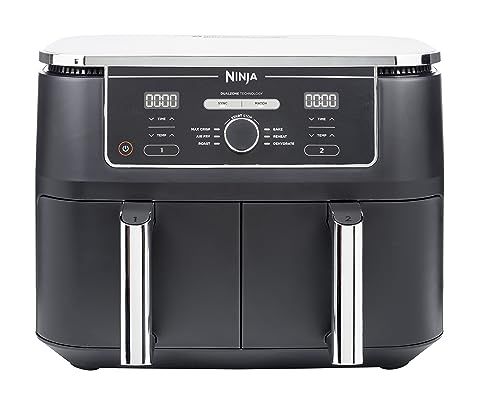 Ninja Foodi MAX Dual Zone Digital Air Fryer, 2 Drawers, 9.5L, 6-in-1, Uses No Oil, Air Fry, Max Crisp, Roast, Bake, Reheat, Dehydrate, Cook 8 Portions, Non-Stick Dishwasher Safe Baskets, Black AF400UK