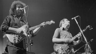 Jerry Garcia (left) and Bob Weir of American rock band The Grateful Dead performing at the Empire Pool at Wembley, London, 7th April 1972.