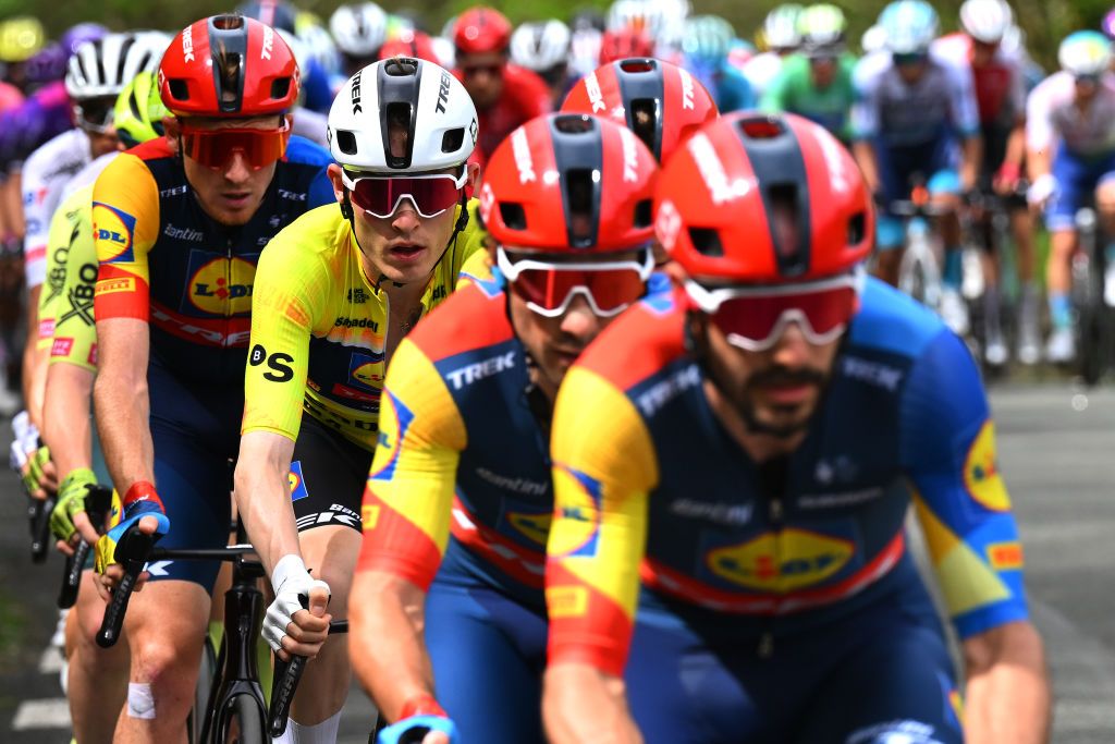 EIBAR SPAIN APRIL 06 Mattias Skjelmose of Denmark and Team Lidl Trek Yellow Leader Jersey competes during the 63rd Itzulia Basque Country 2024 Stage 6 a 1378km stage from Eibar to Eibar UCIWT on April 06 2024 in Eibar Spain Photo by Tim de WaeleGetty Images