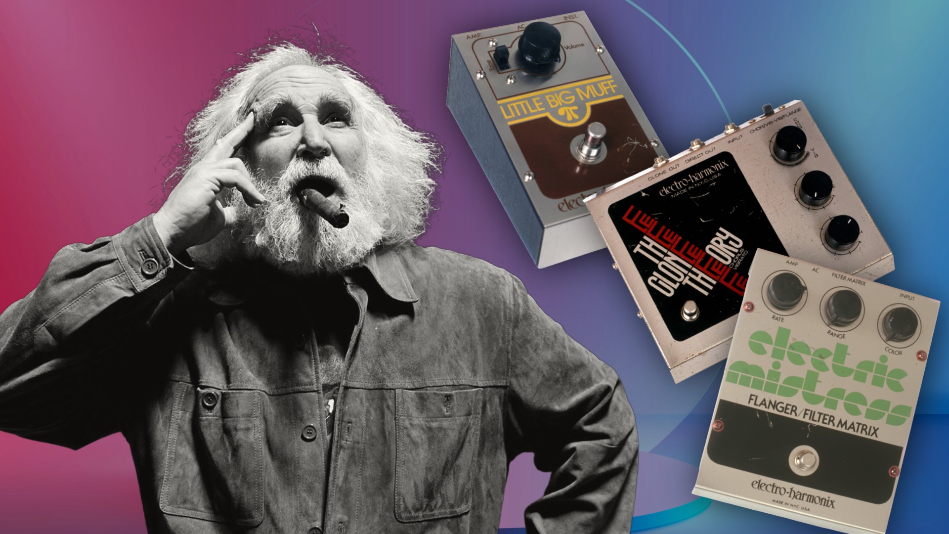A black and white image of Electro-Harmonix founder Mike Matthews, plus vintage pedals, on a neon background