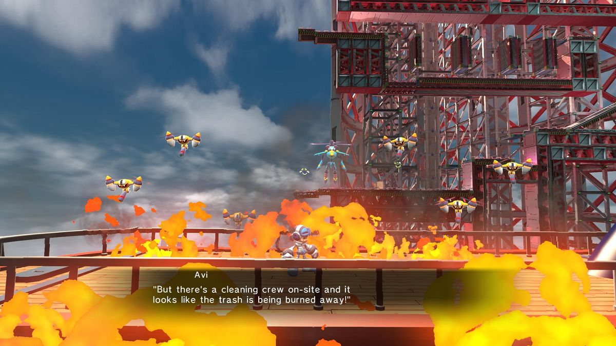 This may be one of the ugliest scenes I've seen in a game. From the 2D fire, to the cartoony characters, to the strange looking mess of scaffolding in the background, to the realistic skybox&mdash;everything clashes to make one great big mess of a visual experience.