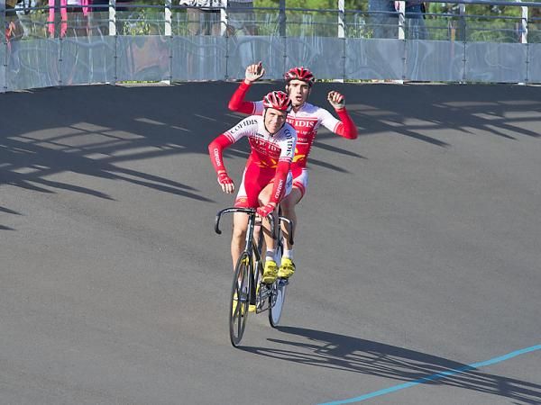 Arnaud Grandjean (stoker) and Julien Hervio celebrating their second round victory and taking the French Championship in the tandem sprint.