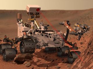 An artist's concept of NASA's Curiosity rover searching for interesting samples on the Martian surface.