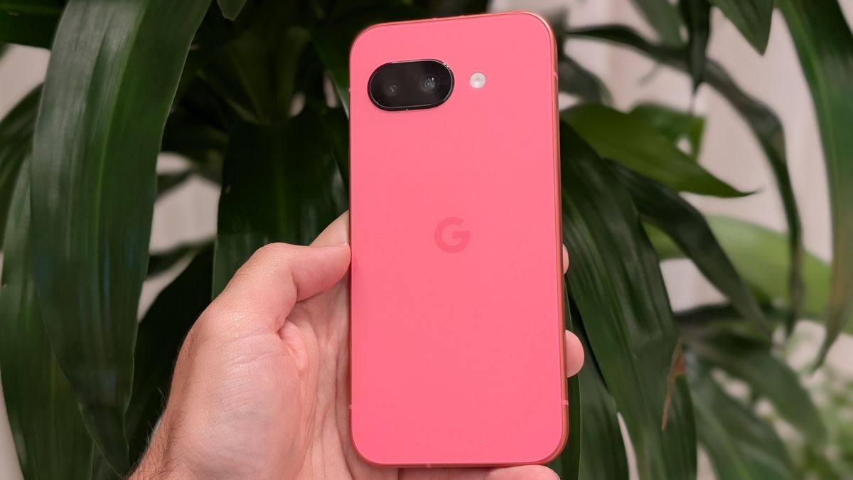 The Peony Google Pixel 9a held in hand in front of a houseplant.