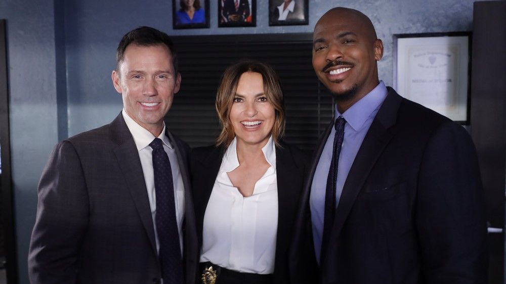 Jeffrey Donovan as Detective Frank Cosgrove, Mariska Hargitay as Captain Olivia Benson and Mehcad Brooks as Detective Jalen Shaw on set of Law &amp; Order franchise