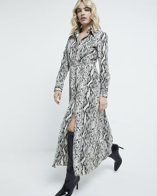 River Island, Grey Long Sleeve Snake Print Shirt Midi Dress