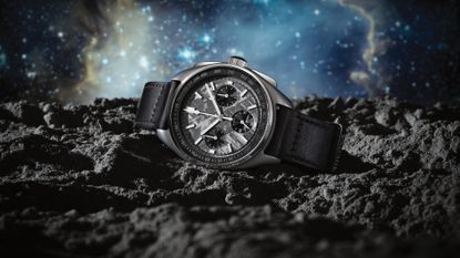 The Bulova Meteorite Lunar Pilot on a rock with a starry background