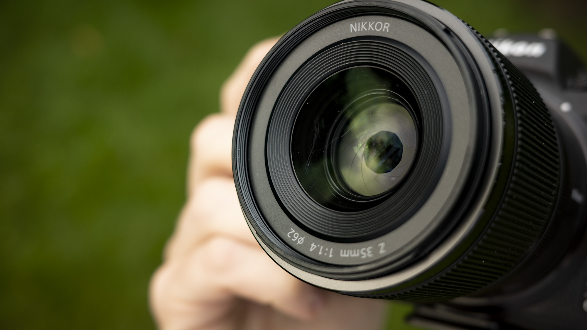 Closeup of the Nikon Z 35mm f/1.4 lens front element