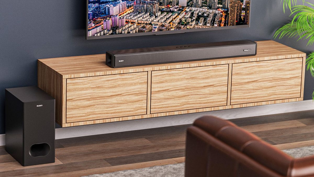 Hero image of Majority Sierra 2.1.2 soundbar and subwoofer in a lifestyle setting with TV, cabinet, and sofa.