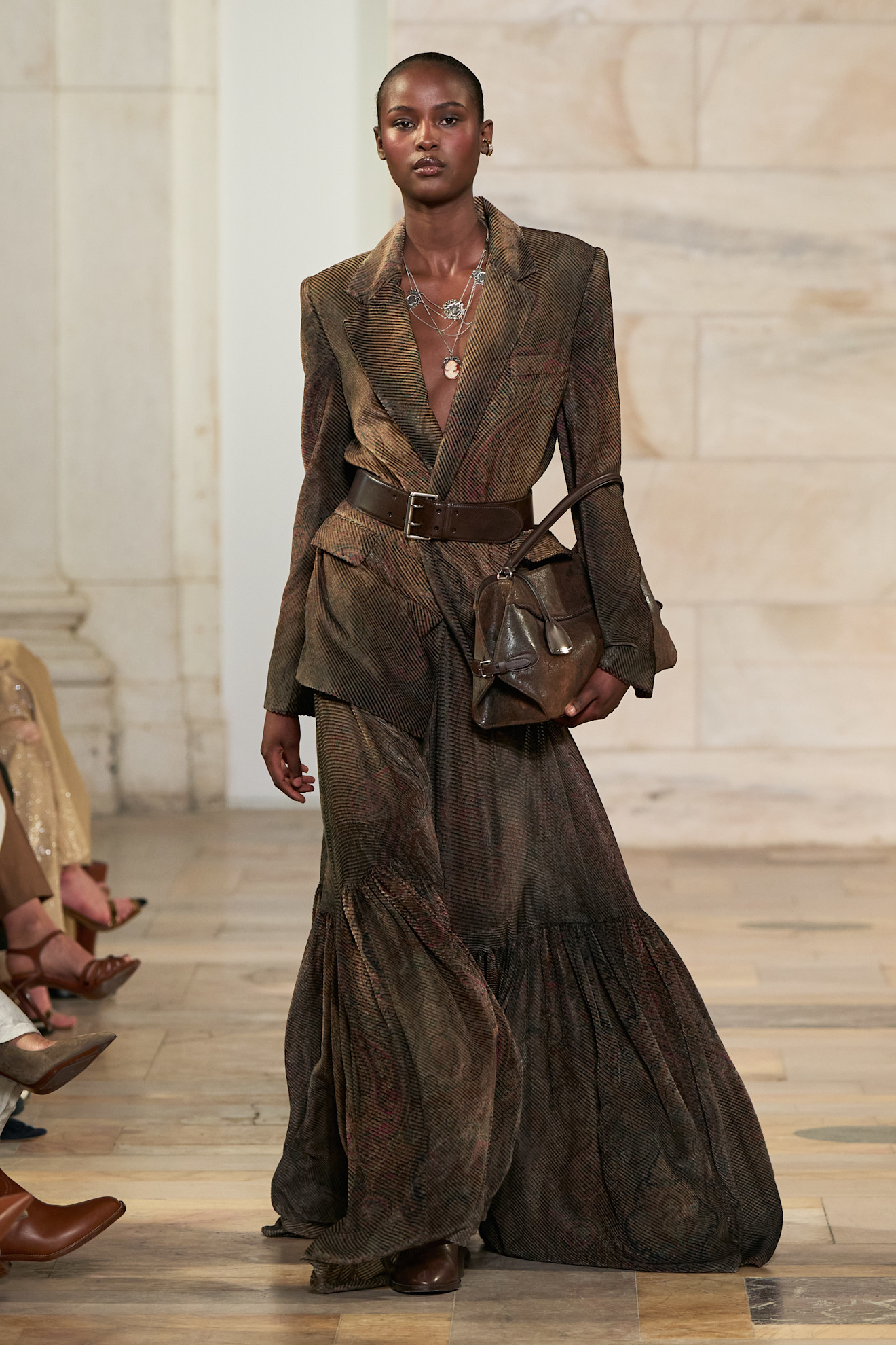 A model wore Priyanka Chopra&#039;s skirt set on the Ralph Lauren Fall/Winter 2025 runway